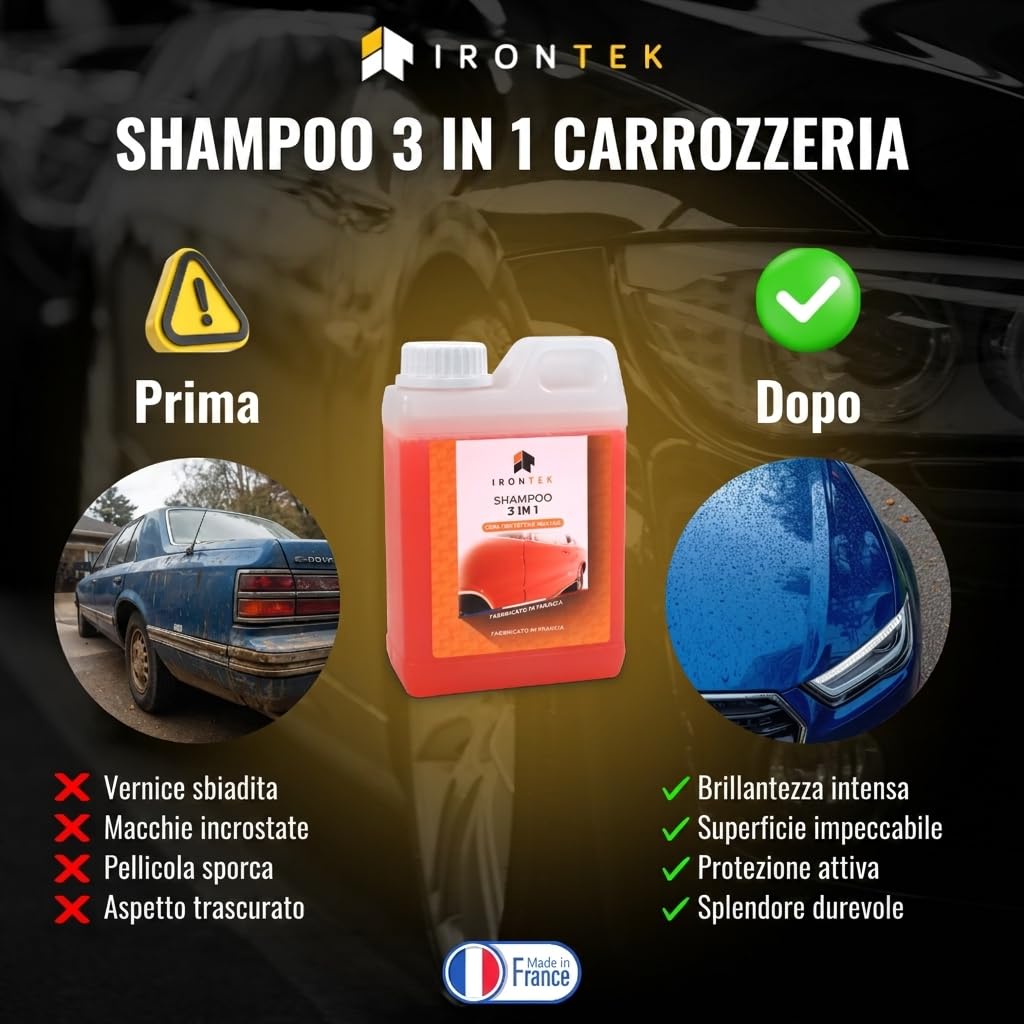 Shampoo Auto Carrozzeria 3 in 1 - IRONTEK - 1L | IT318 | Pulizia Sgrassante | Cera Protettiva Inclusa | pH Neutro Compatible Tutte le Vernici