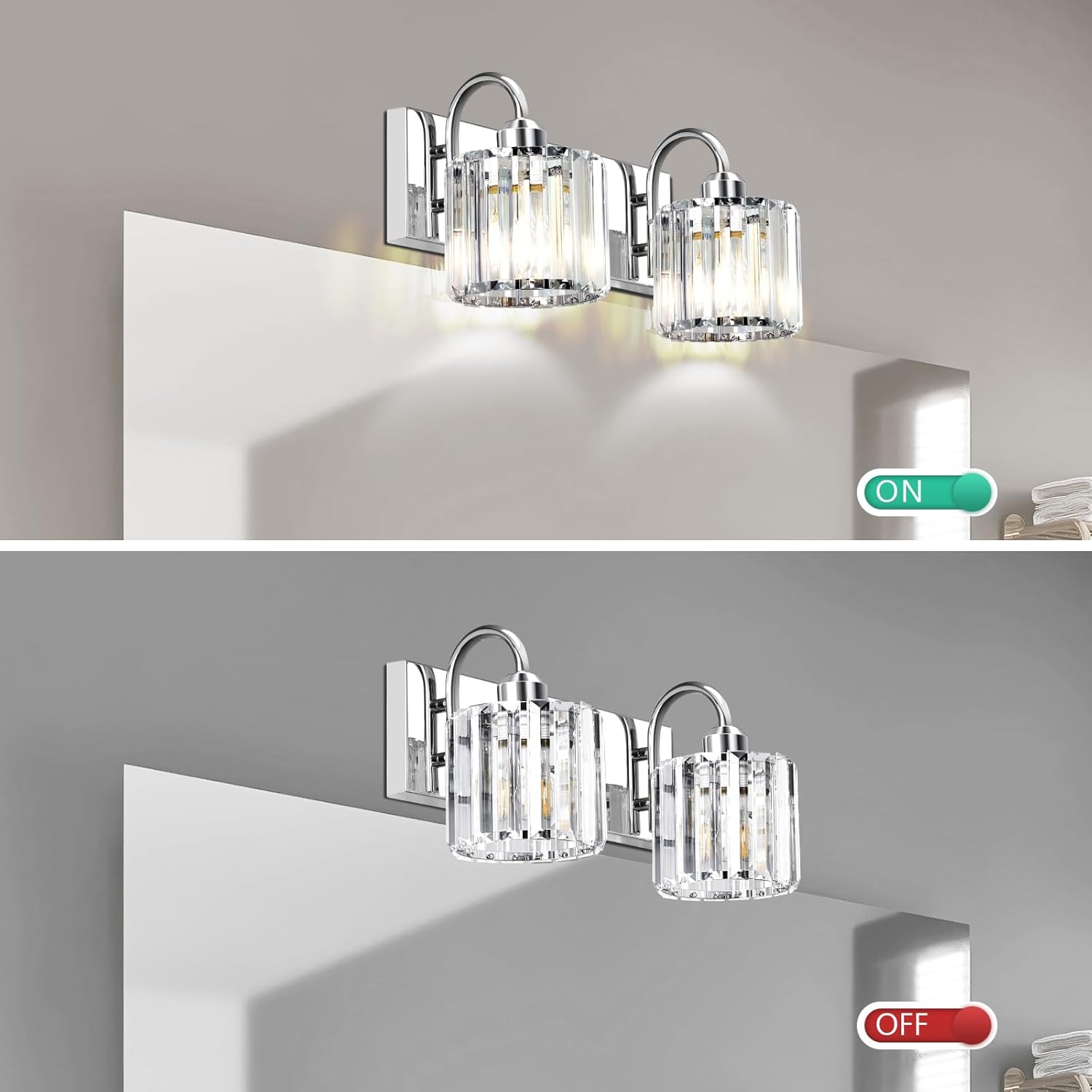 Bathroom Vanity Lights - Chrome Crystal, 2 Light Fixtures Over Mirror