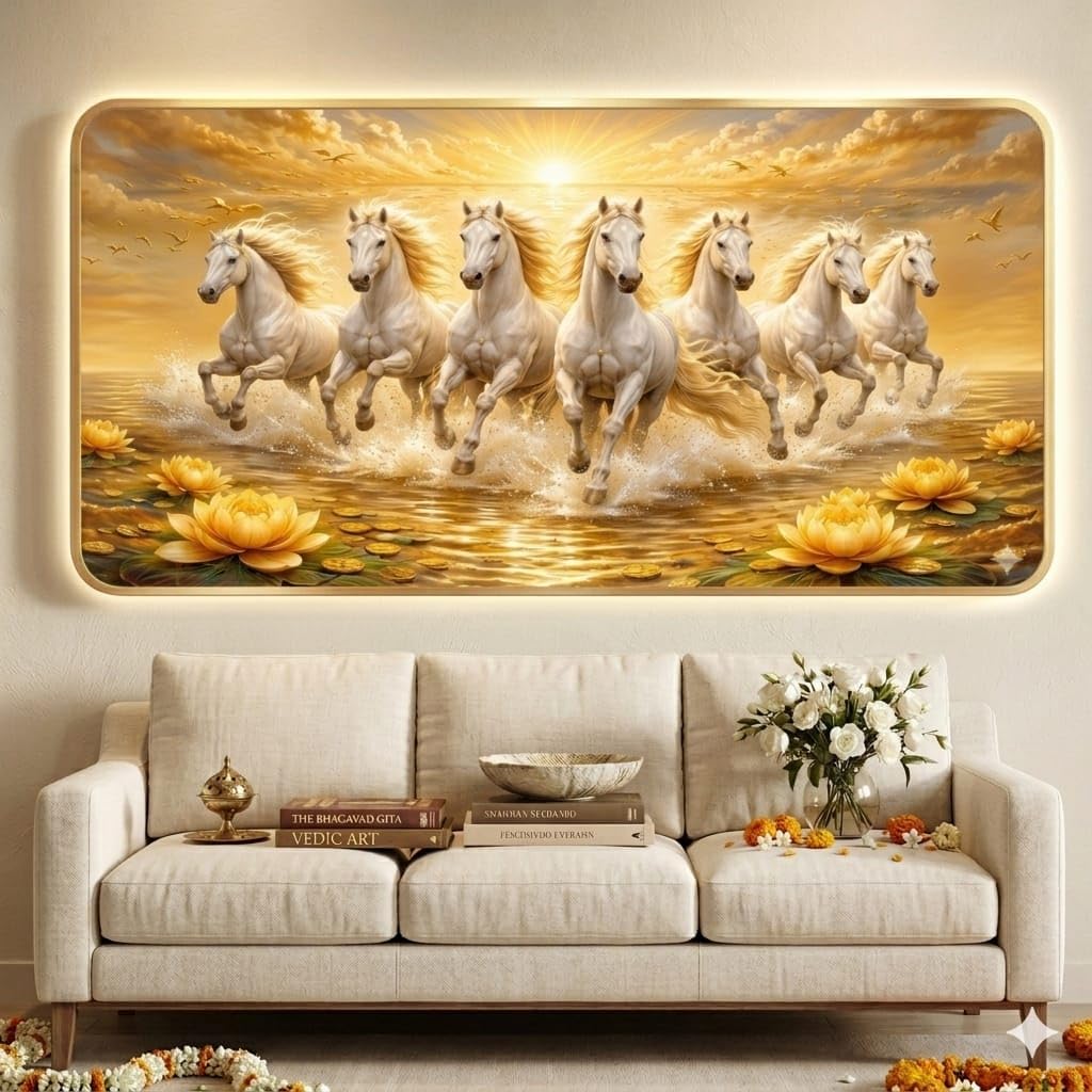 Black Yard 7 Horses Realistic Painting With Frame For Wall Vastu | Seven Running Horse Painting For Wall Decor Living Room Decoration | Big Size Photo Frame (24 x 12 inch, 60 cm x 40 cm (Gold)-picture-23