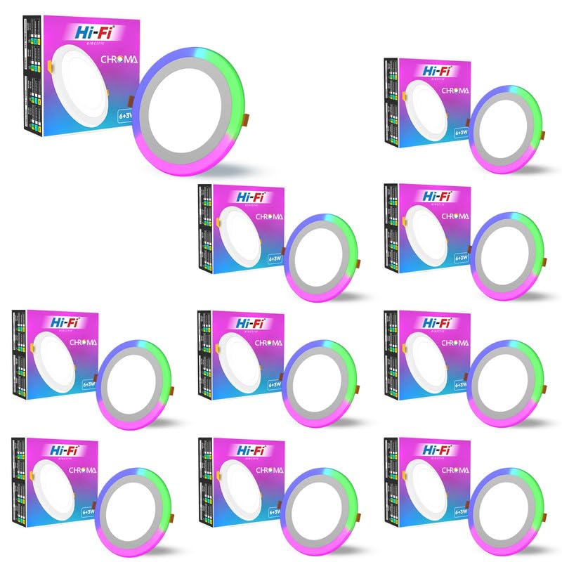 Image of elleys' Chroma Multicolour Ceiling Light | Concealed LED 3 in 1 Light Modes (6+3 Watt) | Ceiling Light for Home & Office | Recessed Led Downlighter |Cut-Out:125mm|Color - White & Multicolur Pack 10