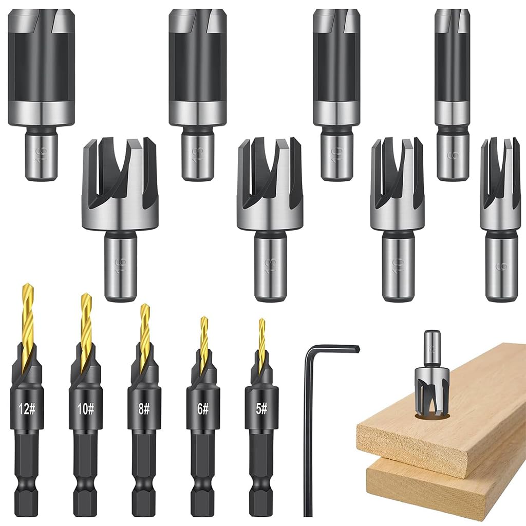 Serplex® 14Pcs Countersink Drill Bit Set with Wood Drill Bits, Plug Cutters | and L-Wrench, Titanium-Coated 1/4 Inch Hex Shank Quick-Change Wood Plug Cutter Set Woodworking Chamfer Drill Bits-image-39