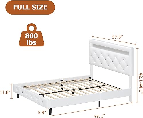 Miniatura 10 de Marco de cama moderno con plataforma tapizada con cabecera LED marco de cama de piel sintética de perfil bajo soporte de listones de madera fuerte