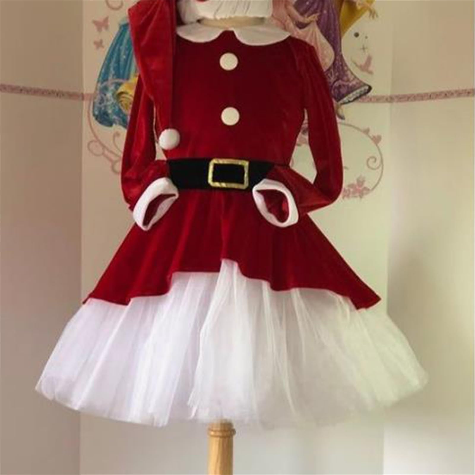 Edhomenn Women Christmas Santa Claus Dress Velvet Long Sleeve Babydoll Mesh Hem Fancy Dress Cosplay Sets (Red, S) - Image 3
