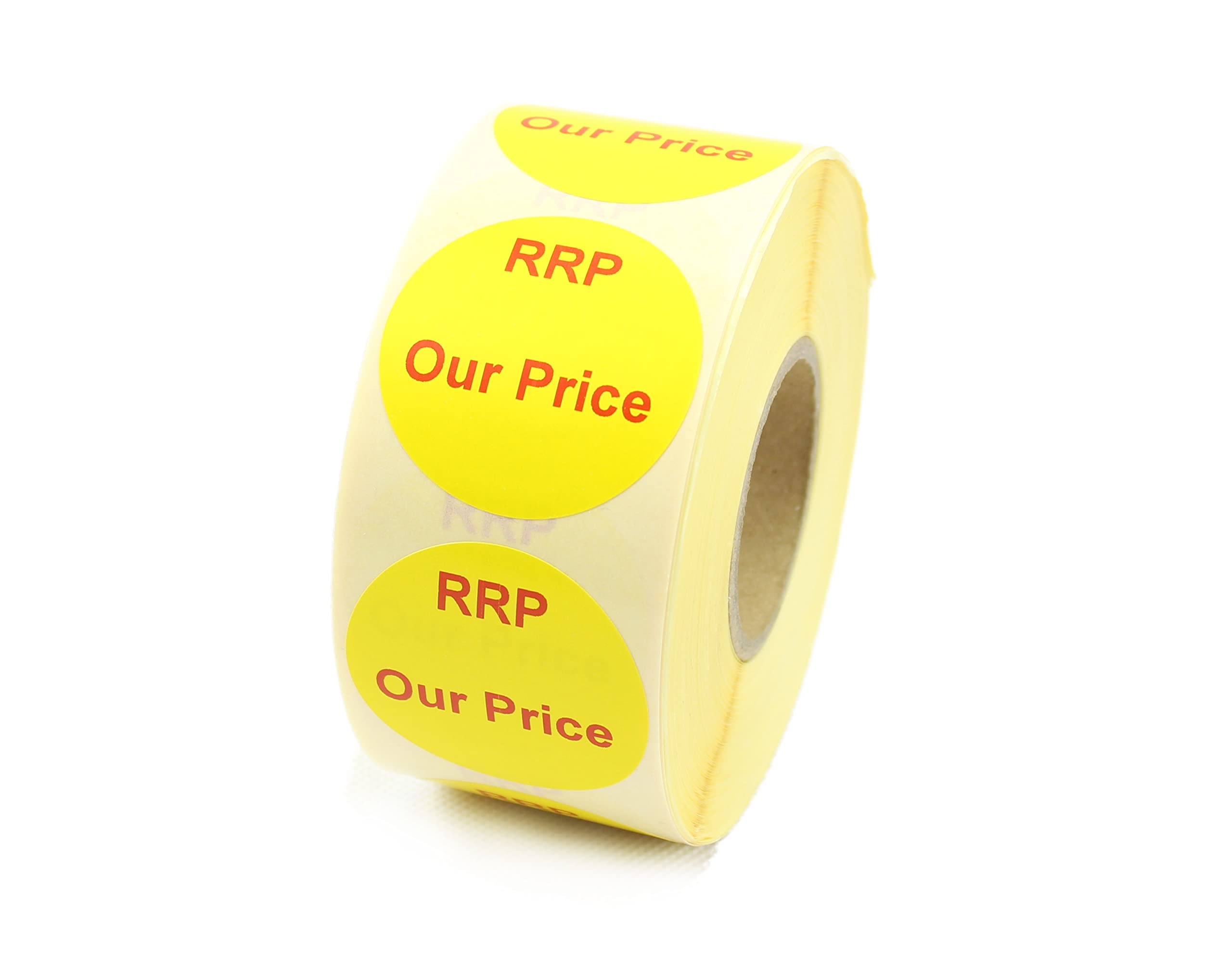 Yellow & Red Printed Retail Labels. 40mm Diameter, Strong Permanent Adhesive. 500 Per Roll. (RRP Our Price)