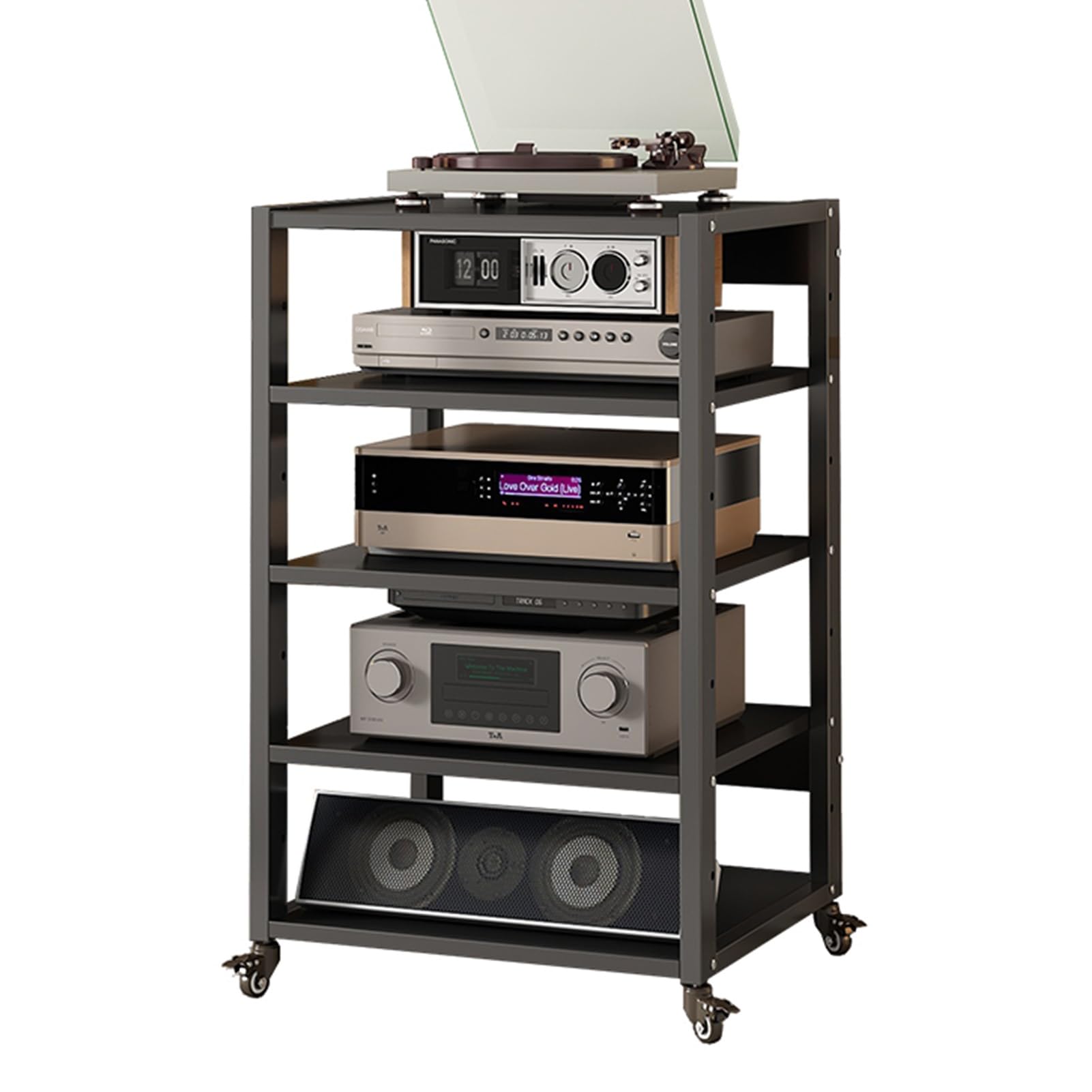 Mueble de audio Hi-Fi para salón estante vertical de 5 capas con ruedas