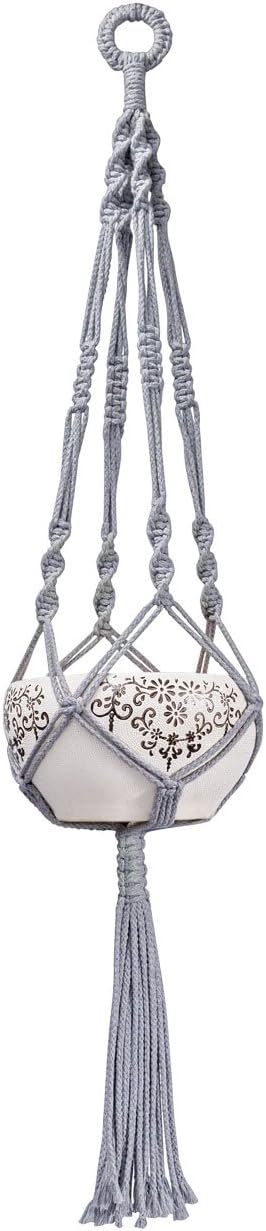 Mkono Colorful Macrame Plant Hanger Indoor Outdoor Hanging Planter Basket Cotton Rope 4 Legs 40 Inch--Gray