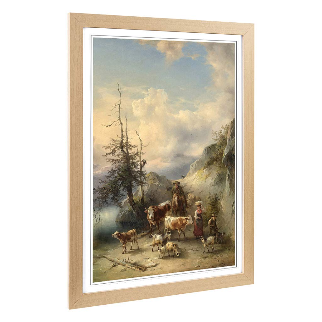 Big Box Art Framed Print of Friedrich Gauermann Animals and Landscape Design | Wall Art Picture | Home Decor for Kitchen, Living Room, Bedroom, Hallway, Oak, A2 / 24.5x18 Inch / 62x45cm