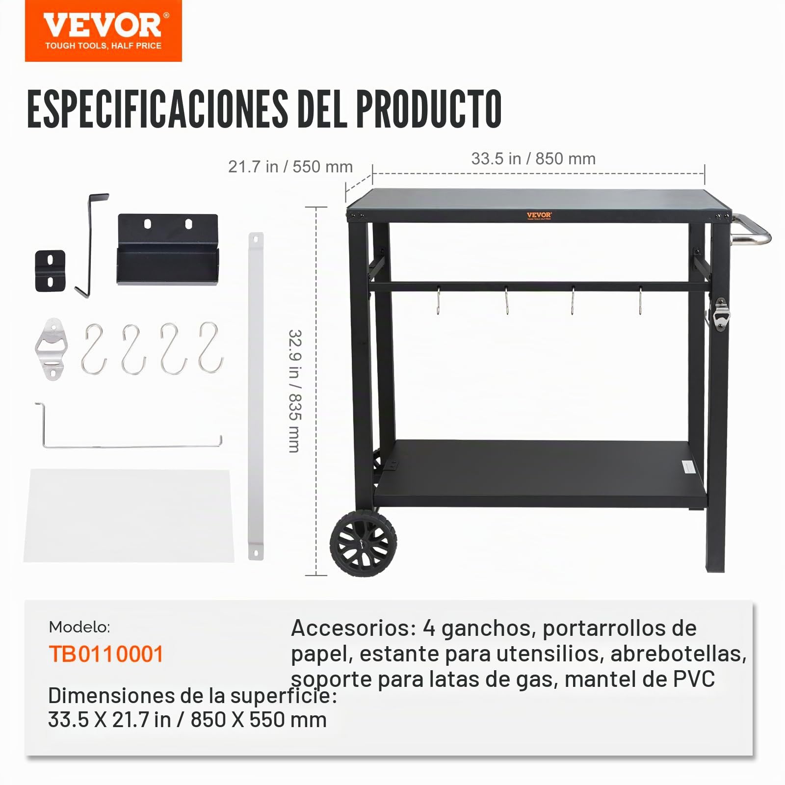 VEVOR Carrito de Comedor para Barbacoa al Aire Libre con Estante Doble, Mesa Móvil de Preparación de Alimentos para Barbacoa, Mesa de Hierro Plegable Multifuncional Carro para Exterior 1000x640x835 mm