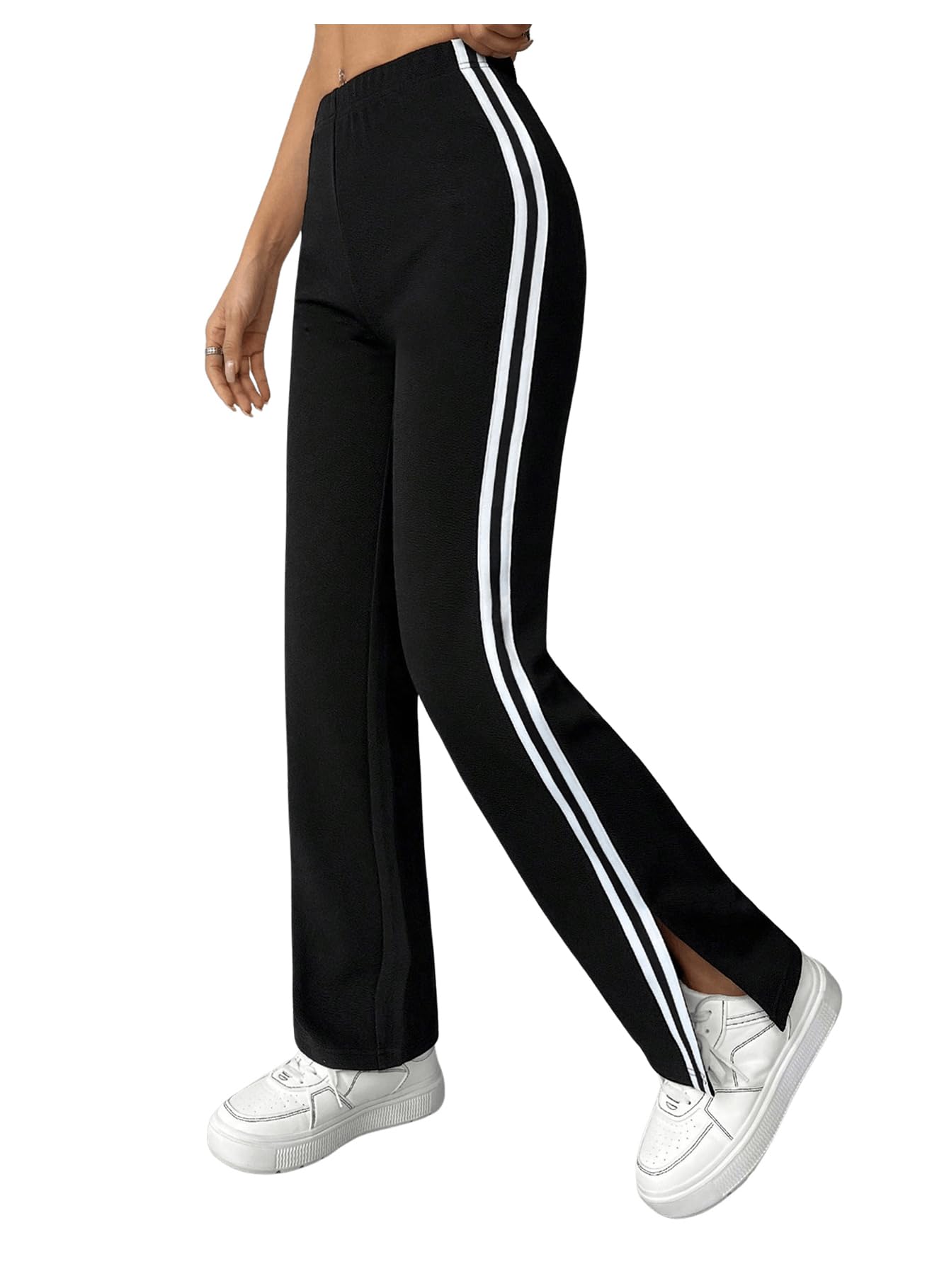 SHENHE Womens Split Hem Flare Pants Side Stripe Elastic Waist Casual Stretch Pants