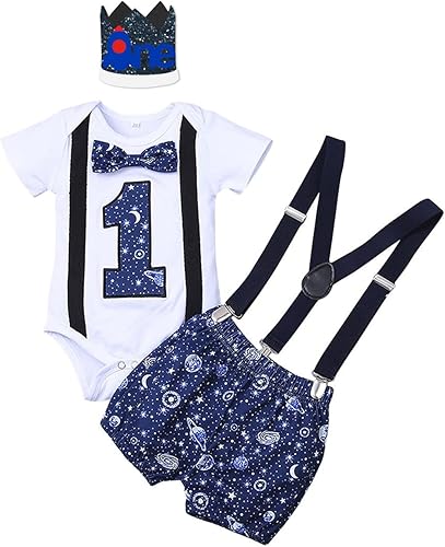 IBTOM CASTLE Traje de primer cumpleaños para niños, mameluco espacial con tirantes y pantalones, traje de caballero para primer cumpleaños