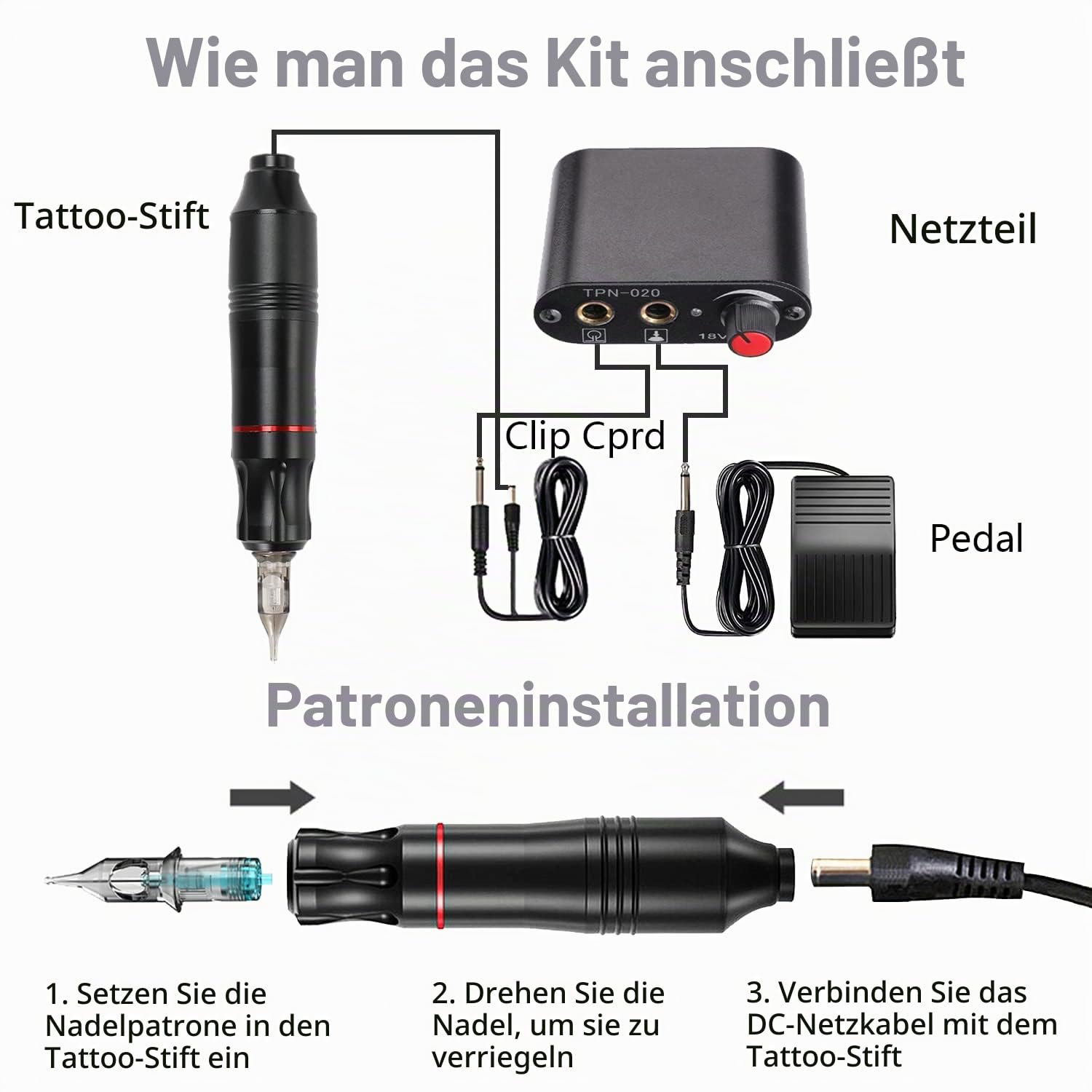Komplettes Tattoo Maschine Set, 20 Farben Tattoo Tinte, Anfänger-Rotations-Tattoo-Set, 20 Tattoo Nadeln, Tattoostift-Set mit Tragetasche, Tattoo Zubehör