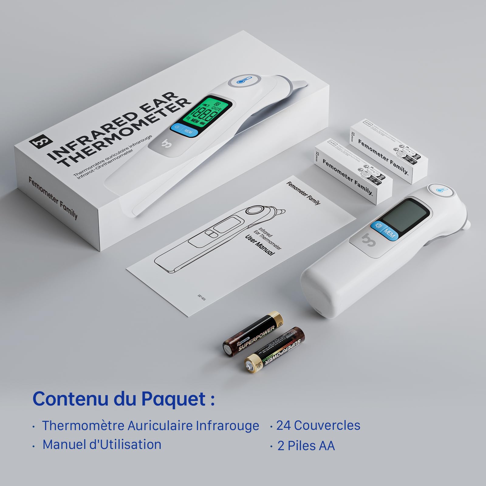 Thermomètre Auriculaire, Précision Professionnelle, Code d'alerte Fièvre à 3 couleurs, Mode Silencieux, Stockage des Lectures, avec 24 Couvre-Sondes Jetables Thermomètre pour Adultes et Bébés