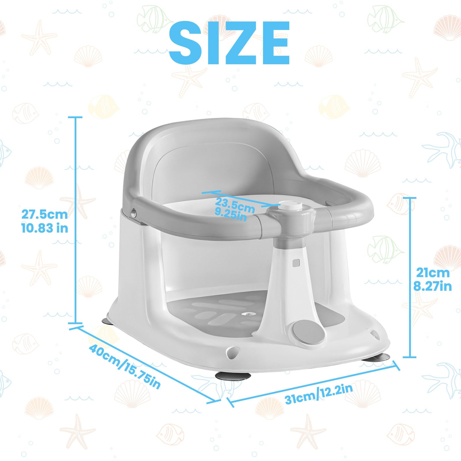 UBRAVOO Baby Badesitz für Babys von 6 bis 24 Monaten, aufrecht sitzender Badesitz, rutschfester Baby-Badewannensitz mit 4 Saugnäpfen, tolles Geschenk zur Geburt für Neugeborene und junge Mütter (Grau)