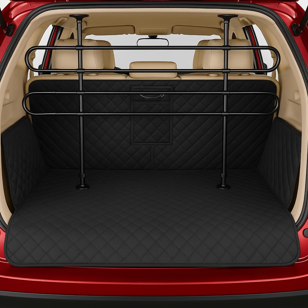 Set Auto per Cani – Rivestimento Impermeabile Antiscivolo per Bagagliaio + Barriera Regolabile per Cani – Universale, Durevole e Facile da Installare – Protezione Completa e Trasporto Sicuro