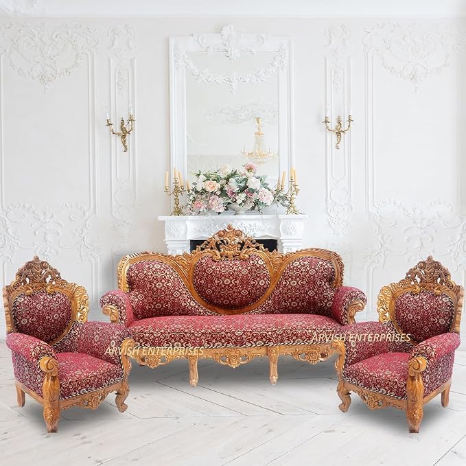 Image of Luxury Antique Sofa Set in a Classic Living Room Setting Solid Teak Wooden Five Seater Sofa Set with Cushion for Living Room | Honey Brown Finish | 208D x 76W x 119H cm (Design3)