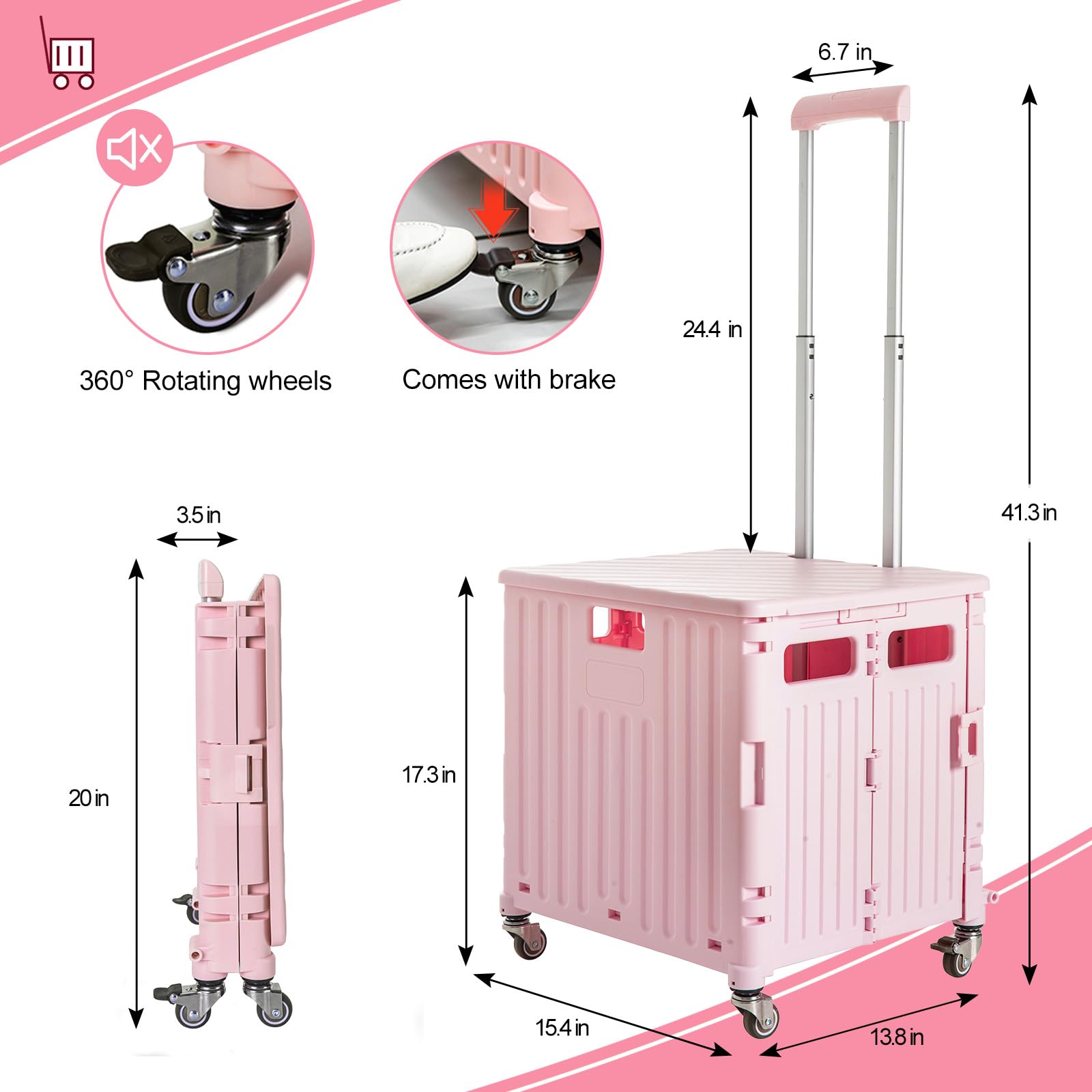 Einkaufstrolley Klappbar mit Deckel, 65L, bis 40KG, Teleskopgriff, Rosa