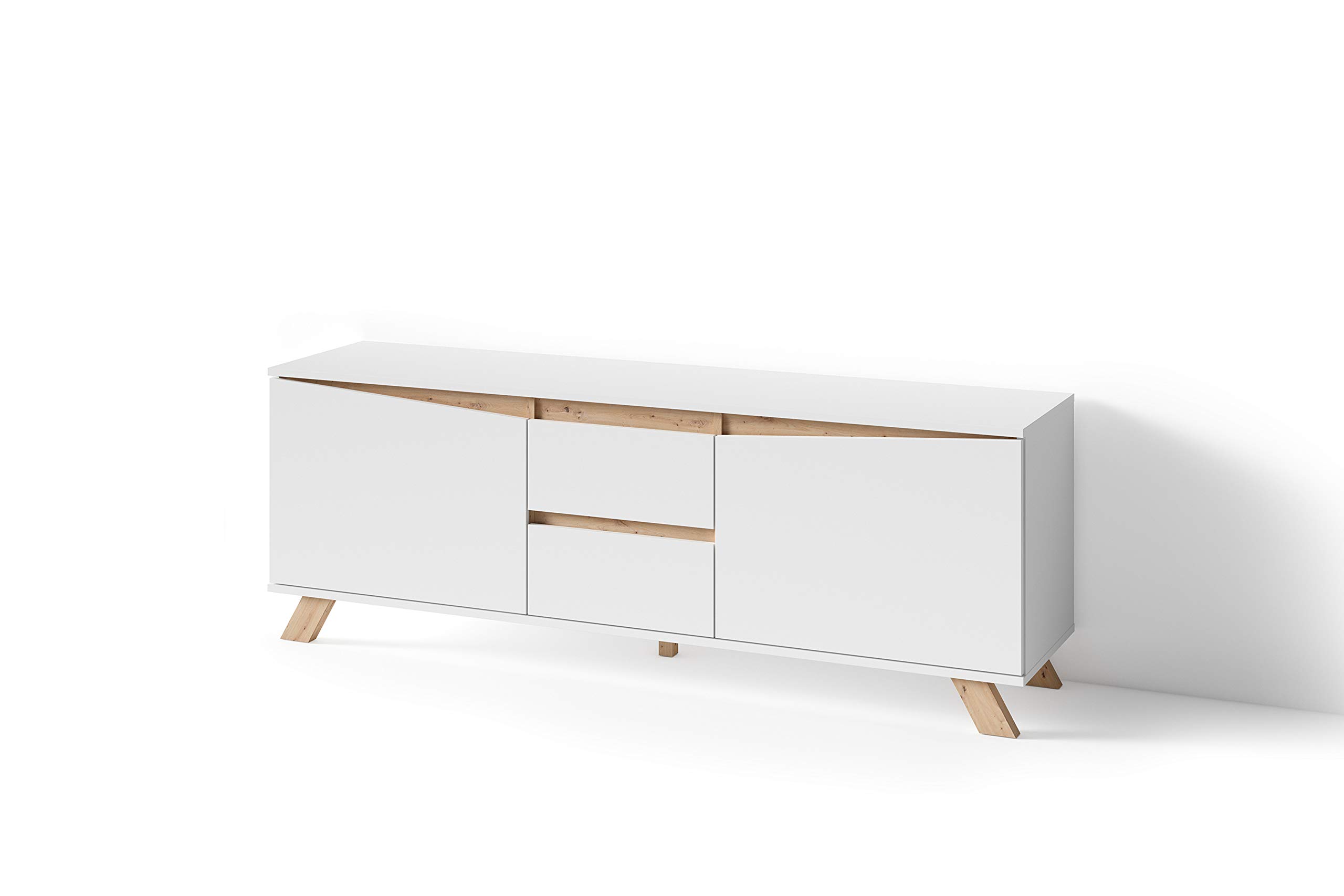 byLIVING TV-Board Valentin, Fernsehtisch mit 2 Türen und 2 Schubkästen | Lowboard matt weiß mit Absetzung in Eiche-Optik, Fernsehschrank im Scandi-Style, Grifflos, B 160, H 60, T 38 cm