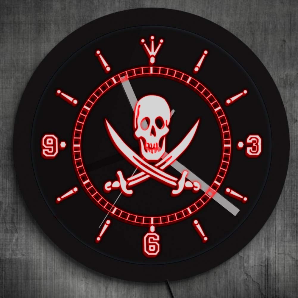 FIDMEK Wall Clock Skull With Crossed Swords Led Neon Sign Wall Clock Jolly Roger Pirate Wall Clock With Led Illumination Sleepy Light