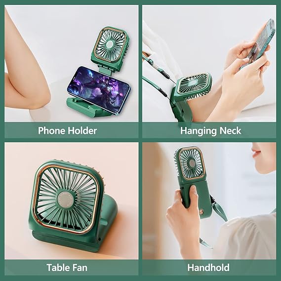 Portable Neck Fan Mini Quiet Handheld Personal Foldable USB Rechargeable Fan with Phone Holder founction for Home Office Outdoor Travel, Hands Free Necklace Fans