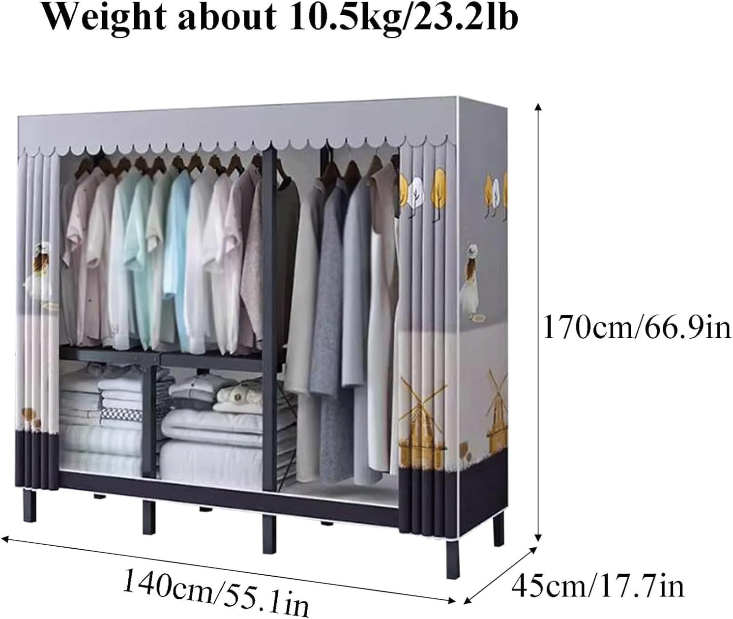 Portable Wardrobe Closet with Hanging Areas Metal Steel Closet Clothes Closet for Bedroom Hanging Foldable Wardrobe Closet, 140cm/55.1in(C)