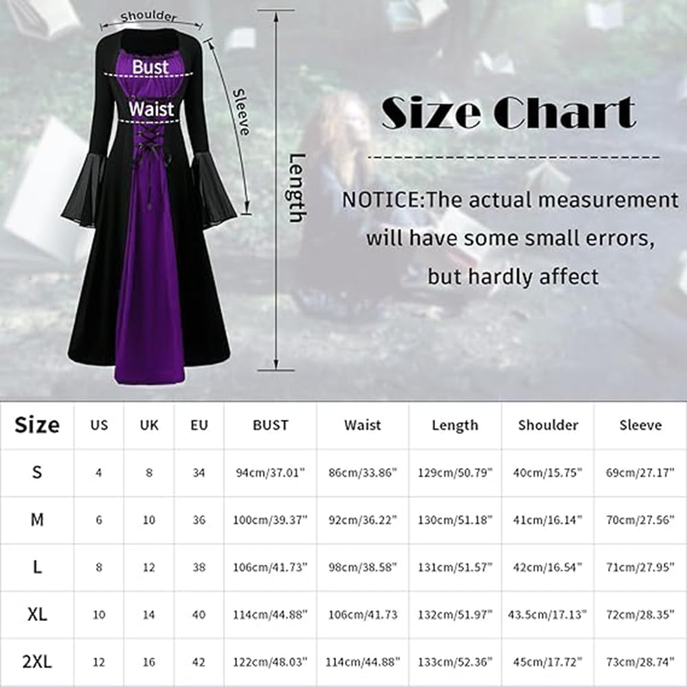 CNVAUIE Renaissance Costume for Women Medieval Dress with Trumpet Sleeves, Gothic Maxi Dress, Carnival, Halloween, Party (Purple, S) - Image 3