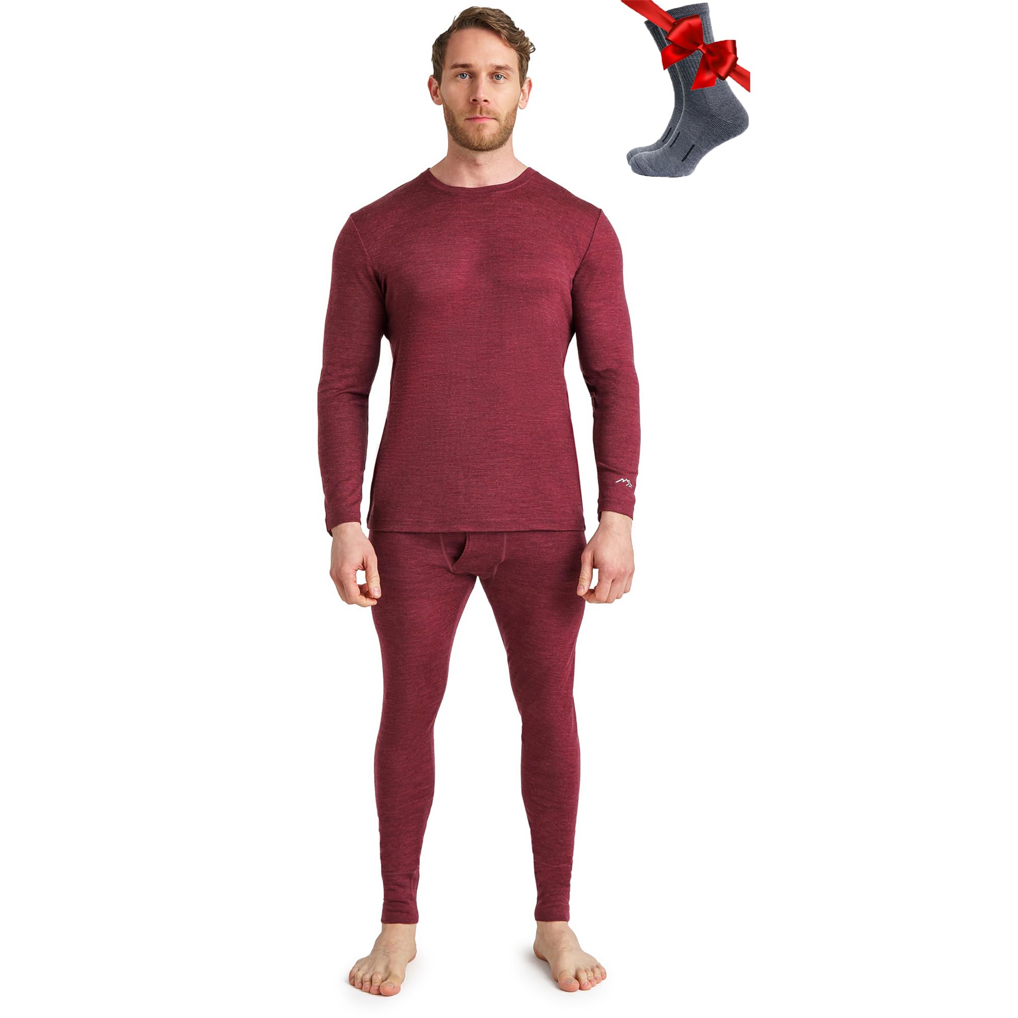 Merino.tech Men's 165 Burgundy Merino Wool Base Layer Set - Merino Thermal Underwear Top And Bottom Lightweight, Midweight, Heavyweight (Small, )