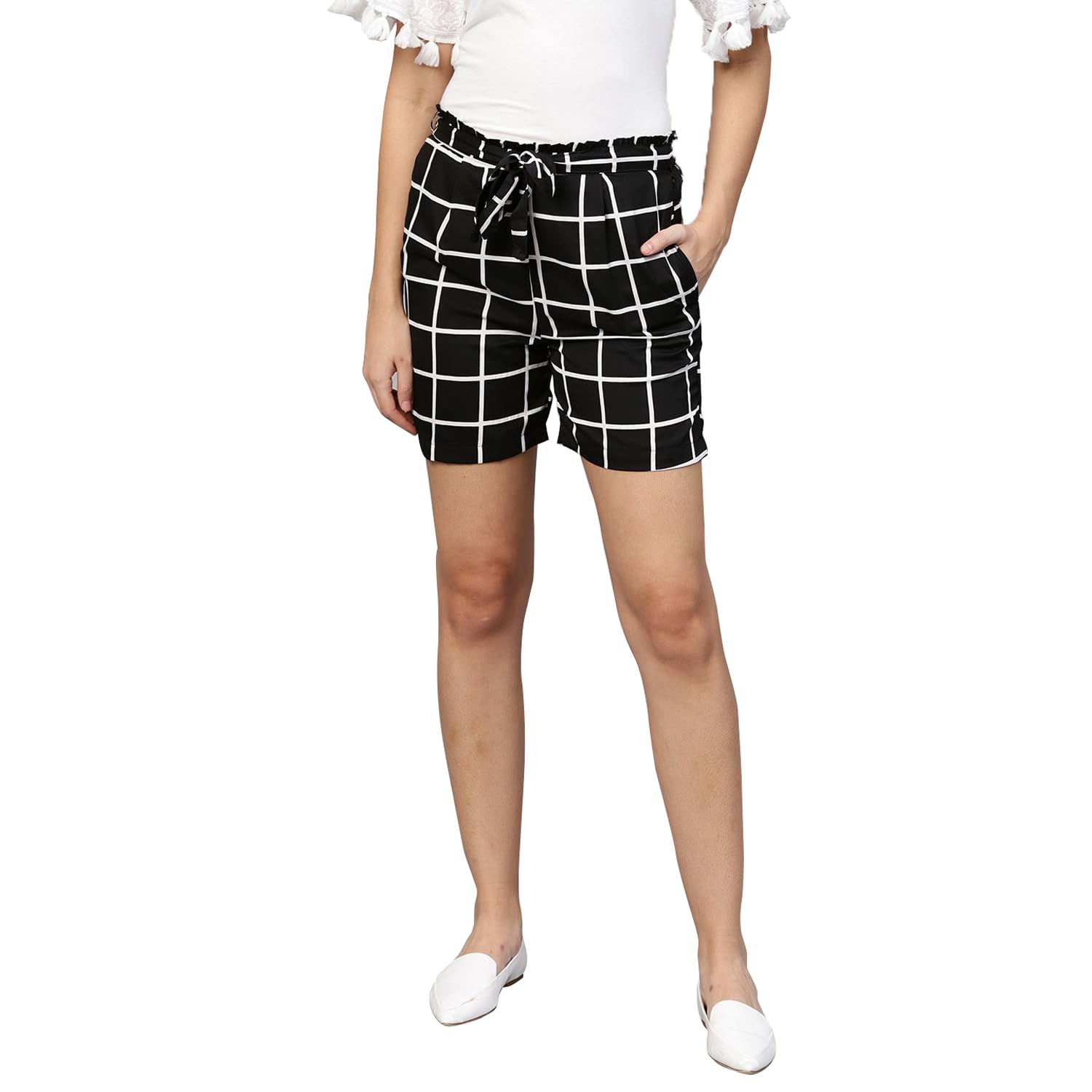 perfectfashion Women’s Black Checkered High Waist Shorts with Attached Belt | Casual Summer Shorts for Women | Elastic Waist, Stylish Grid Print, Comfortable Fit-picture-38