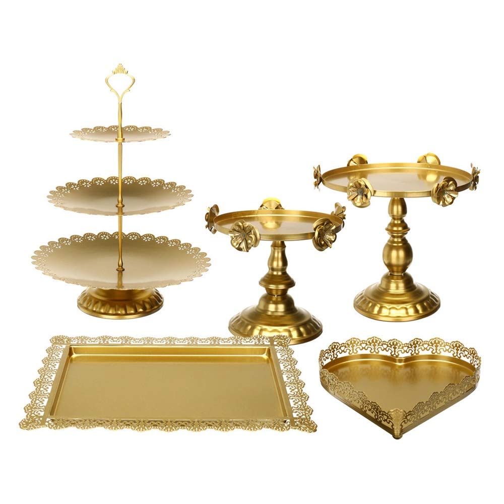 Juego de 5 Soportes para Cupcakes, Color Dorado y Blanco, Redondos, de Metal y Cristal, para exhibir postres, Cupcakes, Bodas, Fiestas y Decoraciones (Talla única Dorada).