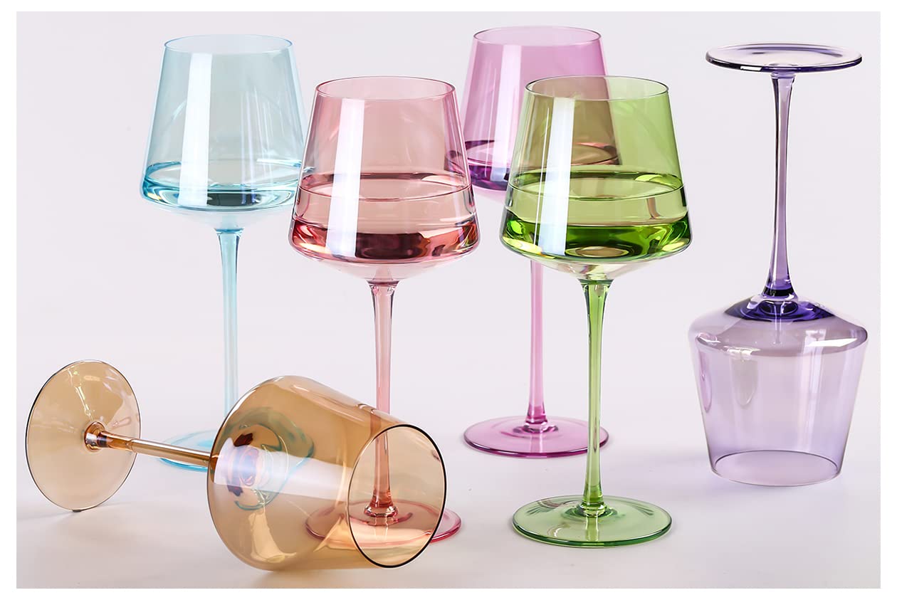 PhyskoaSet of 6 Colored Wine Glasses with Stems - Modern and Colorful Stemware for Engagement, Birthday, Wedding and Bridal Shower Parties - 14oz Capacity (Mixed Color)
