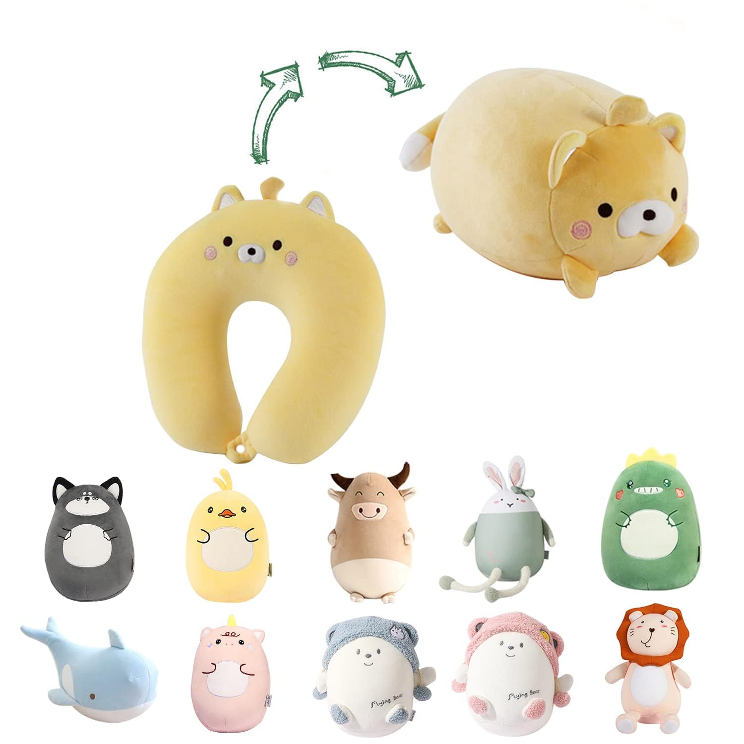 Travel Pillow, 2-in-1 Travel Pillow, Neck, Soft and Adorable Bear Animals Plushie That Converts into a U-Shaped Neck Pillow for Ultimate Comfort During Airplane, Car, Train, Bus Trip