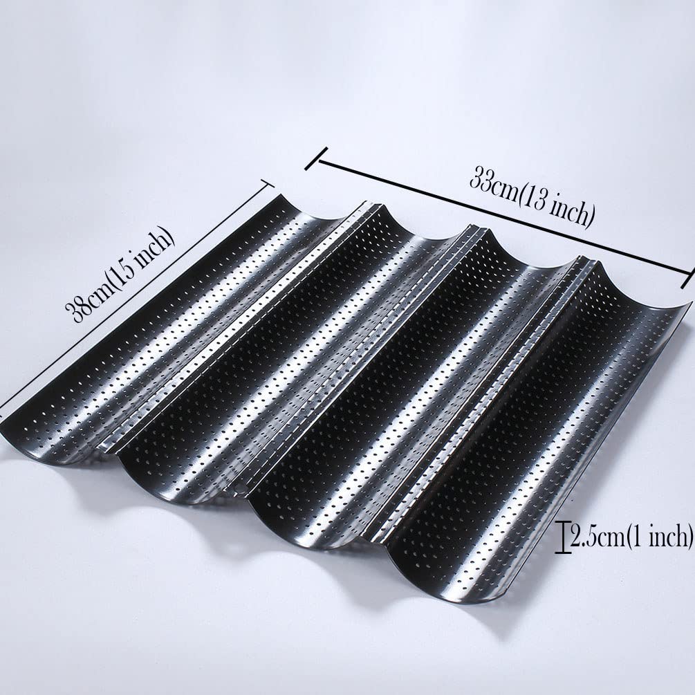 Perforiertes französisches Baguette-Backblech, 4-wellig, 2er-Set, mit Teigschaber für Profi- und Heimbäcker, schwarz