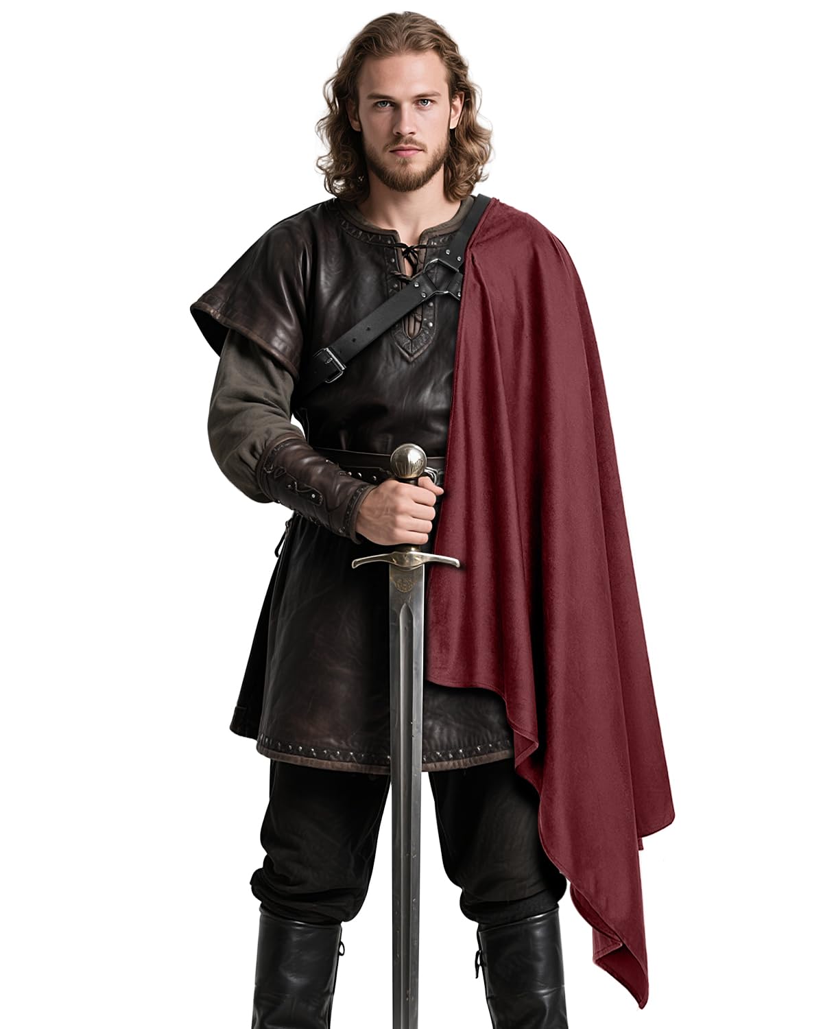 L'VOW Medieval Half Shoulder Cape Knight Cloak with Belt, Red, One size