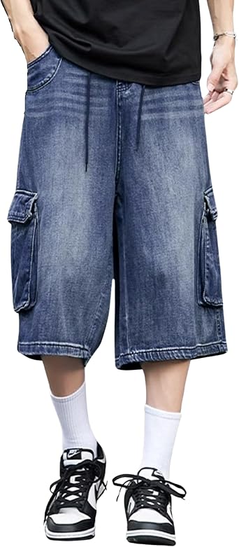 Vamtac Mens Baggy Cargo Shorts - Bermuda Vintage Washed Jean Shorts with Drawstring for Men