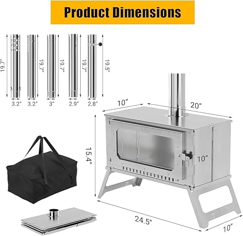 Miniatura 3 de Estufa de leña para acampar, estufa portátil para tienda de campaña, estufa de tienda de campaña de acero inoxidable con tubos de chimenea y bolsa