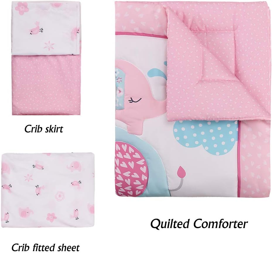 Luxanna Crib Bedding Set 3 Pieces Baby Nursery Bedding Sets with Baby Comforter,Crib Fitted Sheet, Crib Skirt (Pink)
