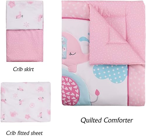 Miniatura 2 de Luxanna Juego de ropa de cama para cuna, 3 piezas, diseño de elefante rosa, con edredón para bebé, sábana bajera para cuna, falda de cuna para niñas