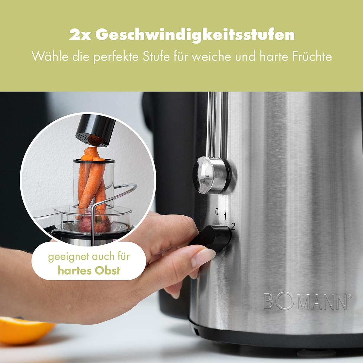 Bomann® Entsafter | ganze Früchte zerkleinern | großer Einfüllschacht | Slow Juicer | Tropfstopp für sauberes Arbeiten | einfache Reinigung | 1000W | Entsafter Gemüse und Obst | Juicer | AE 1917 CB