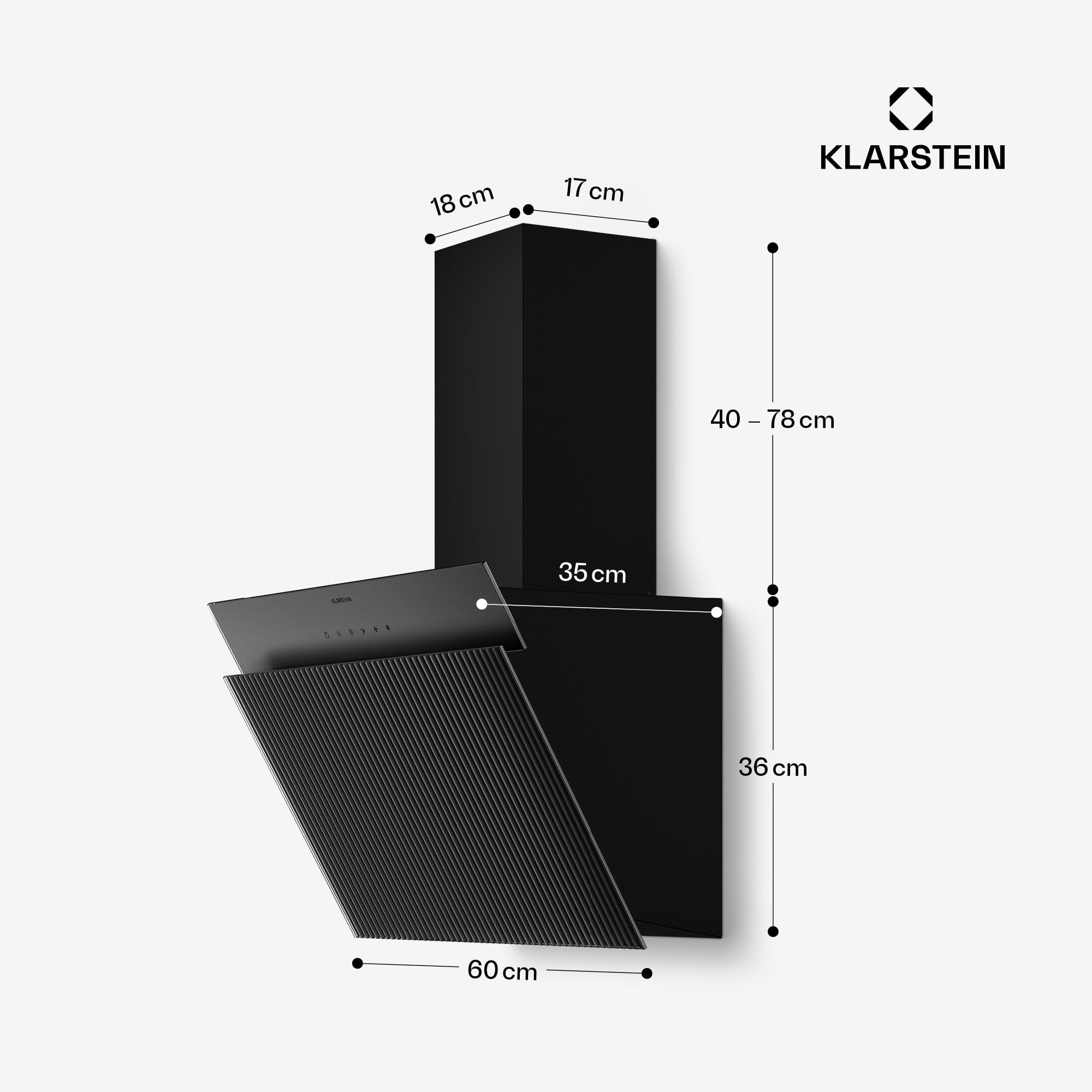 Klarstein Wavyn Campana extractora angular - Extractor de pared 661 m³/h, control táctil, luz LED, modo Boost, recirculación o extracción