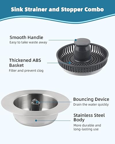 Miniatura 6 de Hygie Rinse Tapón de fregadero de cocina desplegable 3 en 1, 2 coladores de drenaje de fregadero de acero inoxidable #304 con barra de mango para