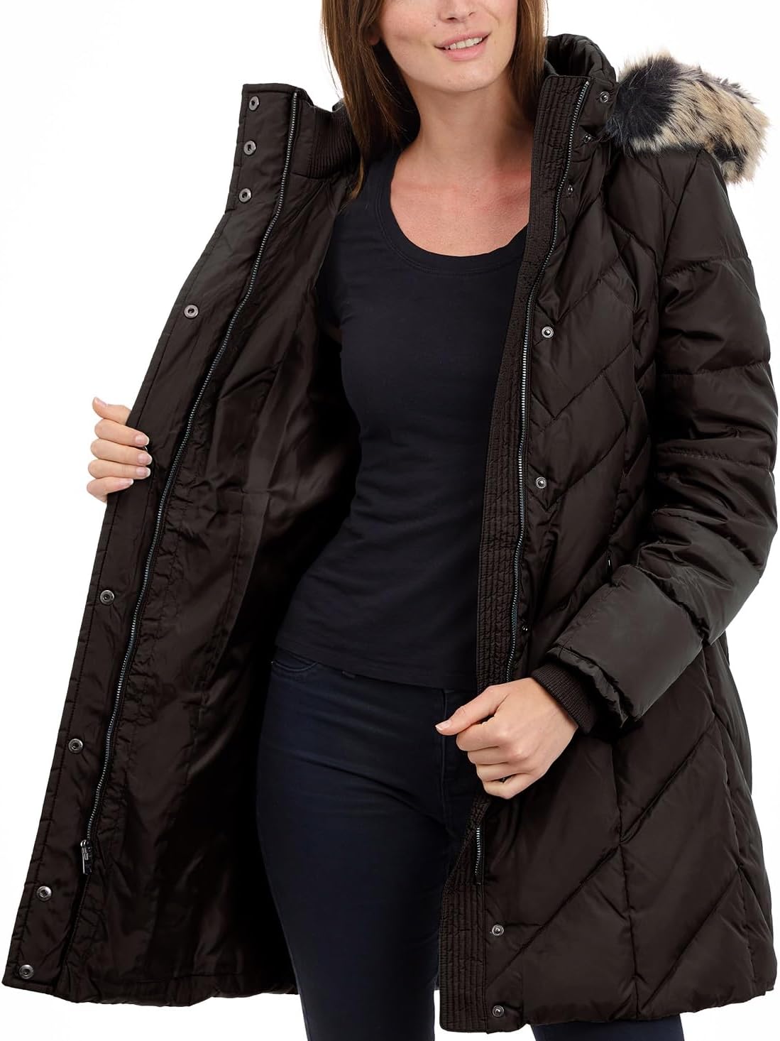 LONDON FOG womens 36" Snap Front Down Coat With Multi Pattern Quilt and Hood - Image 4