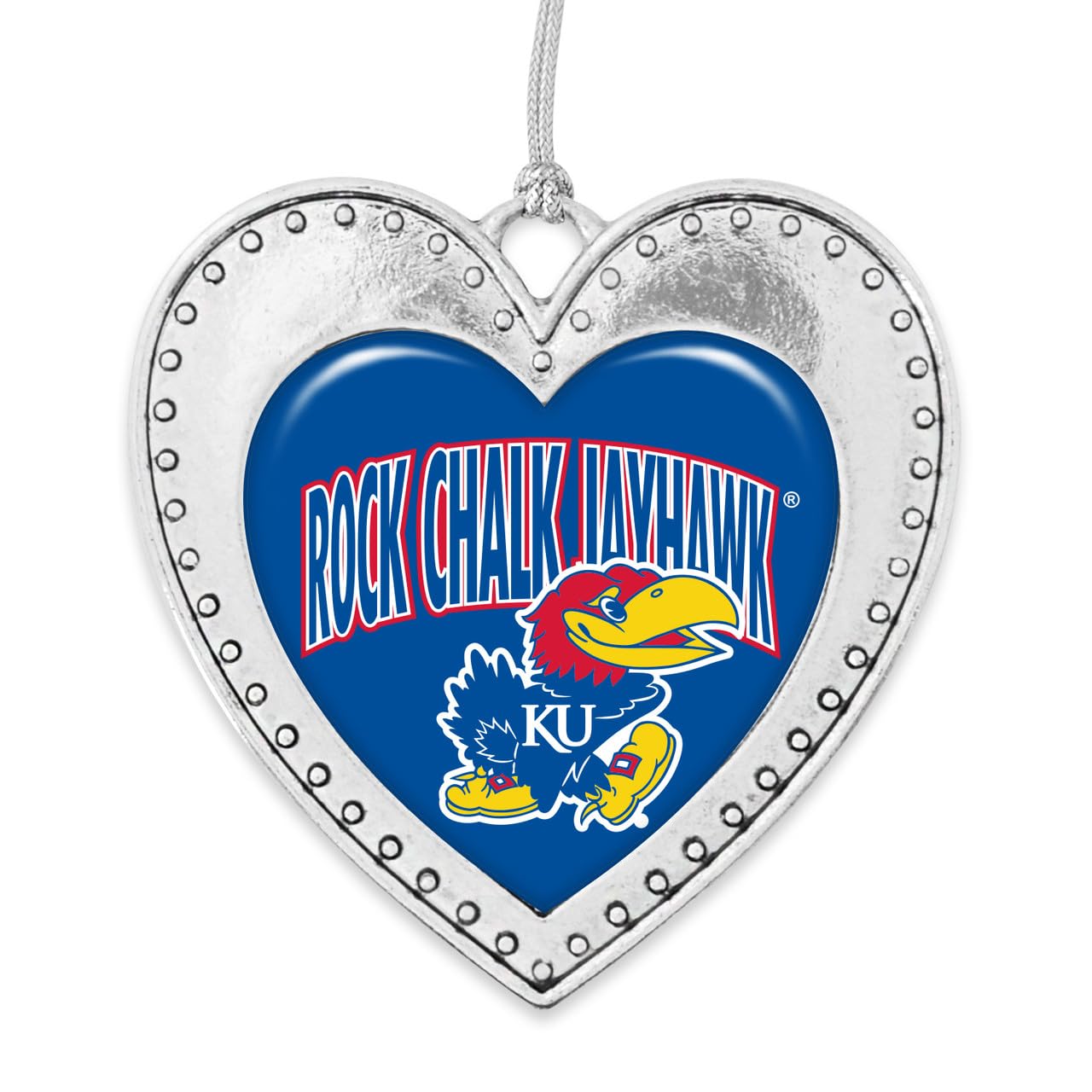 Kansas Jayhawks Rock Chalk Jayhawk Christmas Heart Shape Silver Metal Ornament Gift Tree Decoration KU