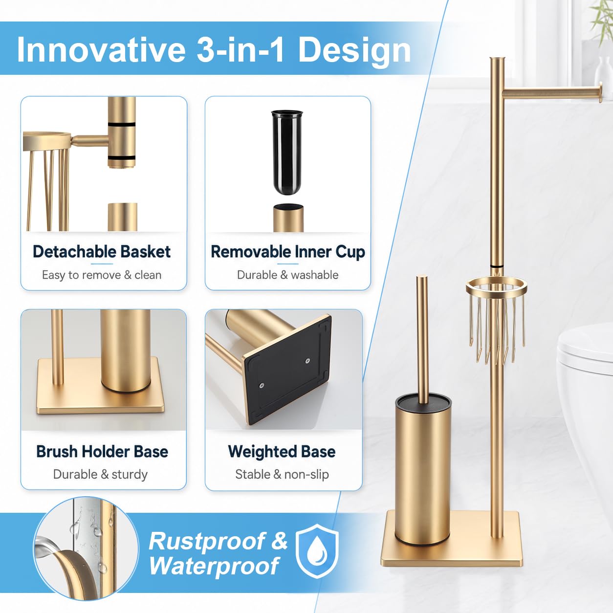 DAZI Klobürste mit Toilettenpapierhalter Set und praktischem Aufbewahrungskorb,WC-Bürste freistehend Edelstahl,3-in-1 Wc-Garnitur im minimalistischen und platzsparenden Design (Gebürstetes Hellgold)
