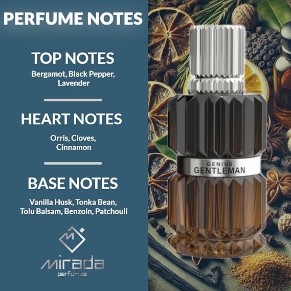 MIRADA Gentleman Genius, Men's Eau de Parfum (EDP) 3.4 FL. Oz (100ml), Mens Perfume with Notes of Bergamot, Black Pepper, Lavender, Orris, Cloves, Cinnamon, Vanilla Husk, Tolu Balsam