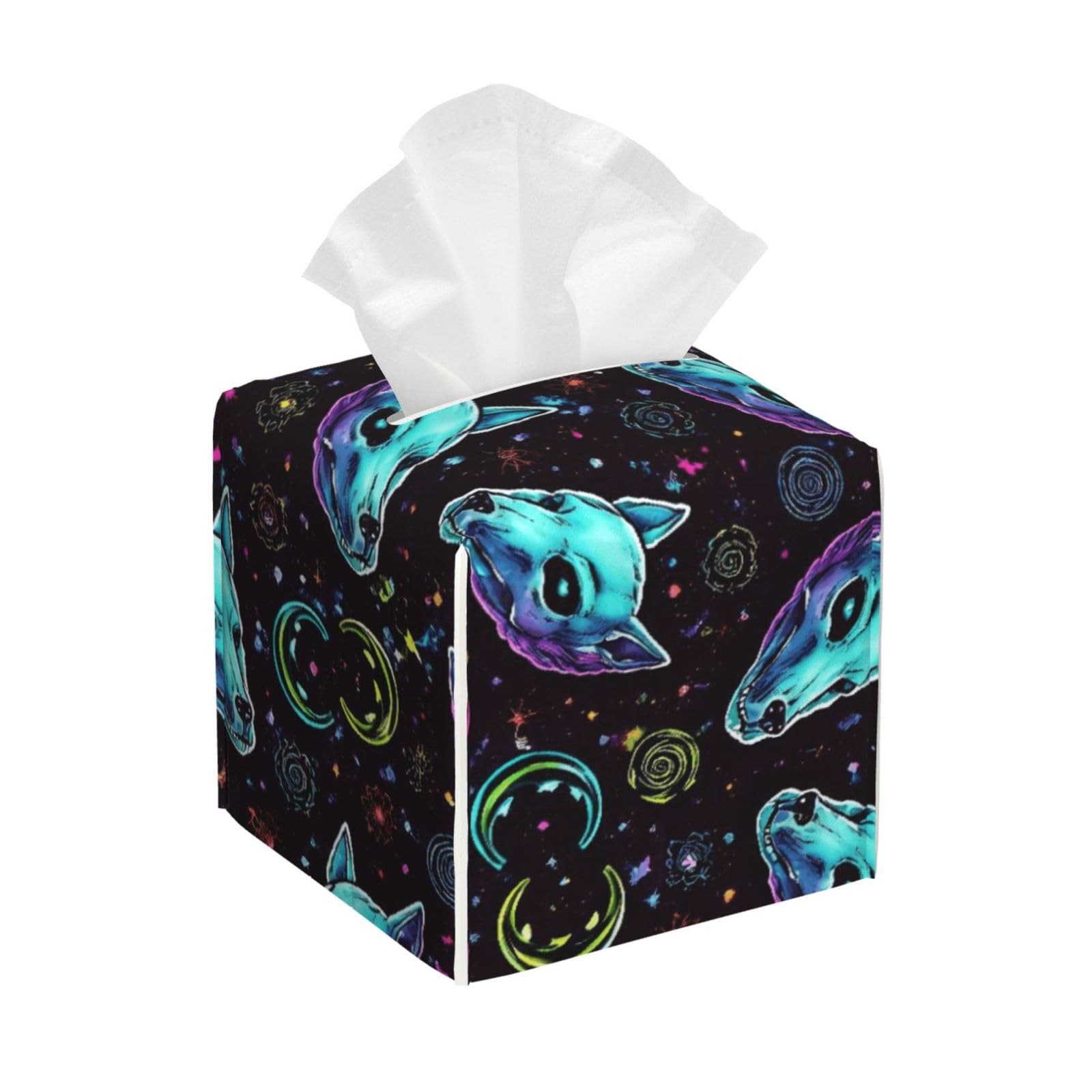 Halloween Trippy Goth Black Cat Skull Leather Tissue Box Cover Holder Square Facial Paper Organizer 5.2" X 5.2" X 5.2"