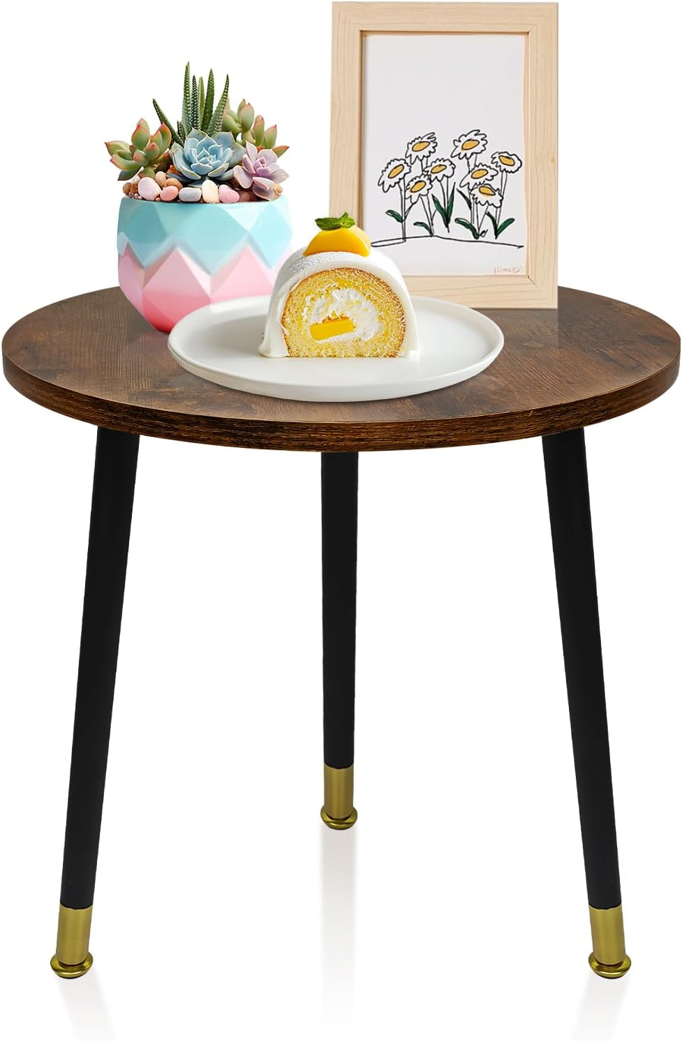 round side table for small spaces-16inch brown wood top & black metal tri-leg accent table, rustic modern nightstand end table for bedroom, living room, balcony - easy assembly farmhouse decor