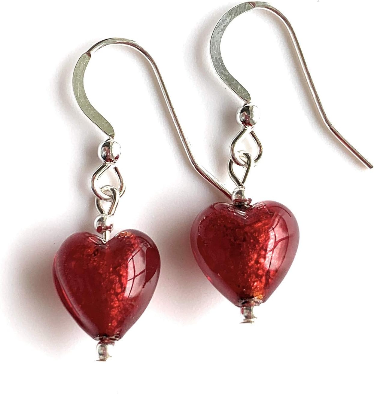 Diana Ingram earrings with red Murano glass mini heart drops on Sterling Silver or 22 Carat gold vermeil hooks