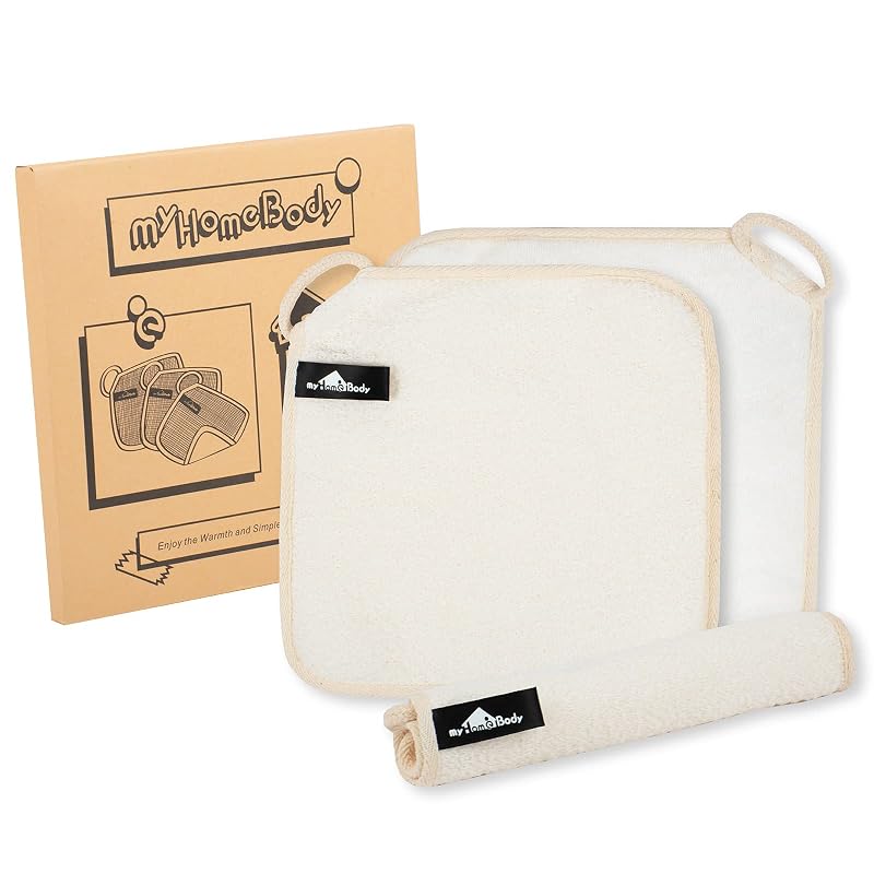 Bucha de banho esfoliante com duas texturas myHomeBody, 3 camadas, marfim, conjunto com 3