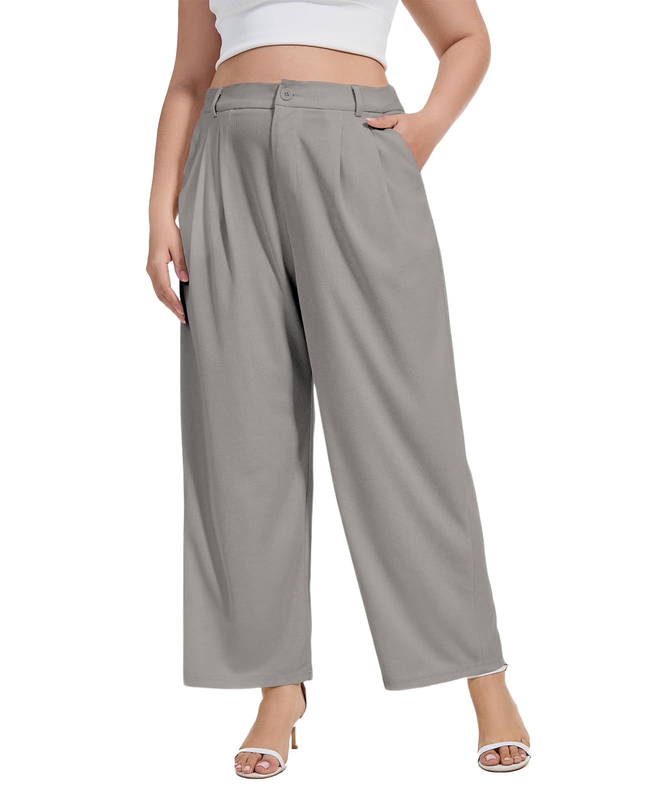 Moon Wood Womens Plus Size Wide Leg Pants High Elastic Waisted Casual Work Pants Office Business Dress Pants