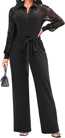 Elegant Jumpsuit for Women Dressy Sexy Lace Puff Sleeve Wide Leg Pant Suit One Piece Formal Outfits