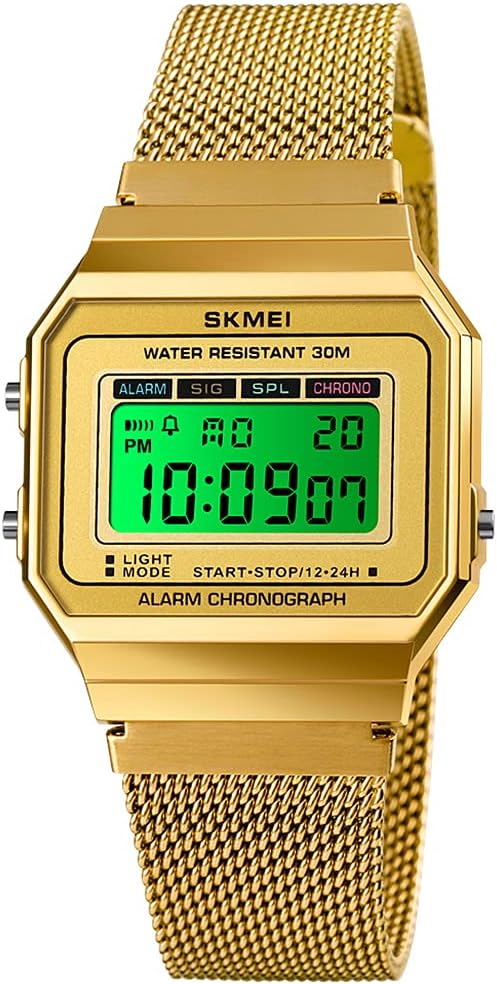 Classic Unisex Women's Men's Digital Multifunction Sports Watch Stainless Steel Band Square Waterproof Electronic Led Watch
